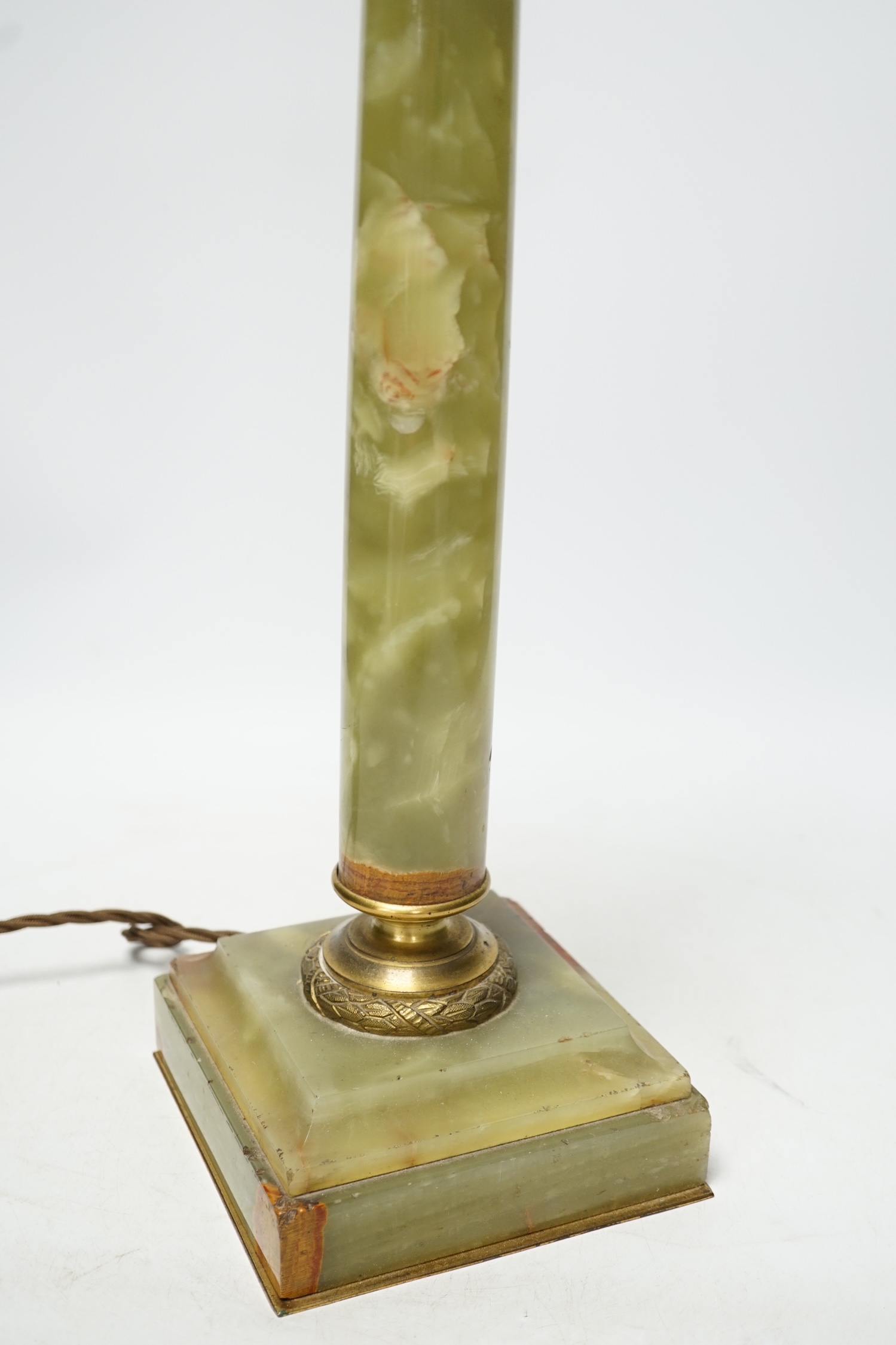 An early 20th century green onyx and brass Corinthian column table lamp, 43cm to top of column. Condition - fair to good, not tested as working